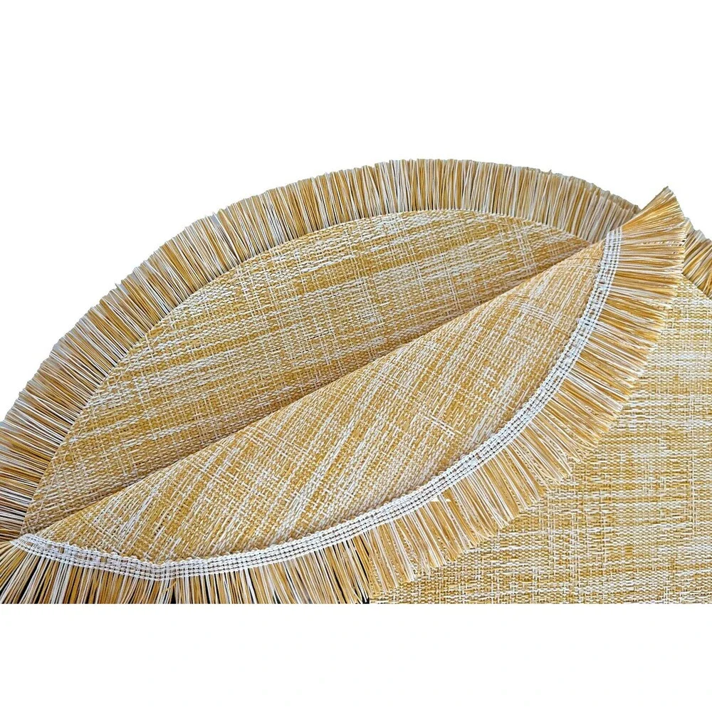 Tribeca Fringe Placemats 15” Round Yellow Gold PVC Easy Care Summer Set Of 6